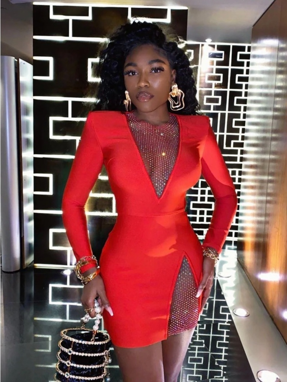 Red Long-Sleeve V-Neck Rhinestone Accent Mini Dress